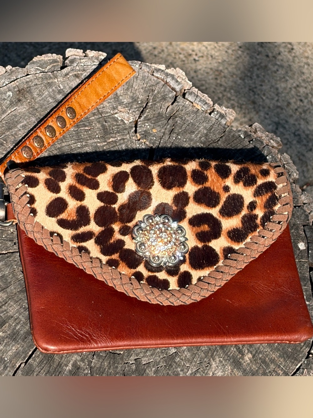 Montana West Haircalf Clutch with Brown Leather and Bejeweled closure design